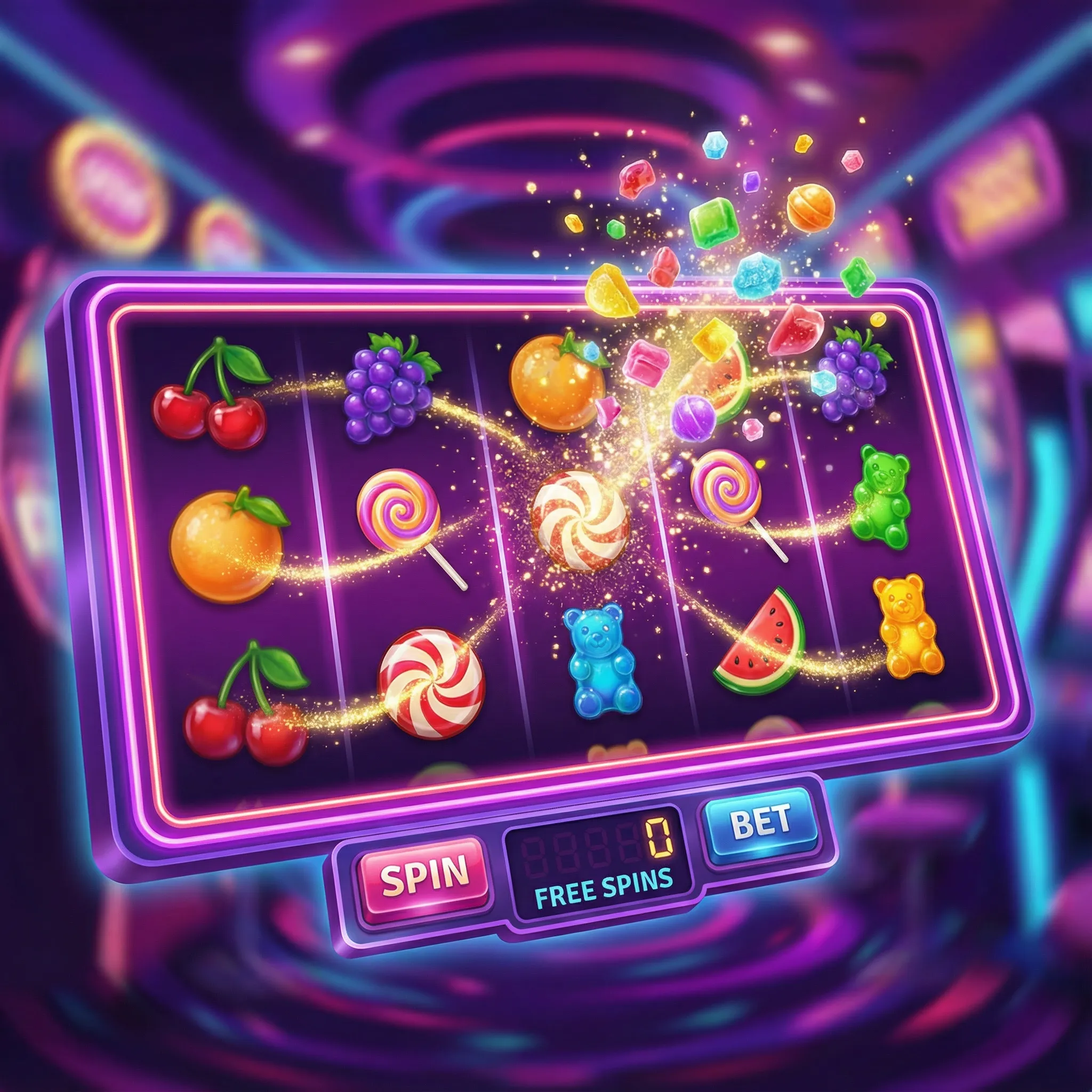 Caça-níqueis coloridos com tema de doces no win23