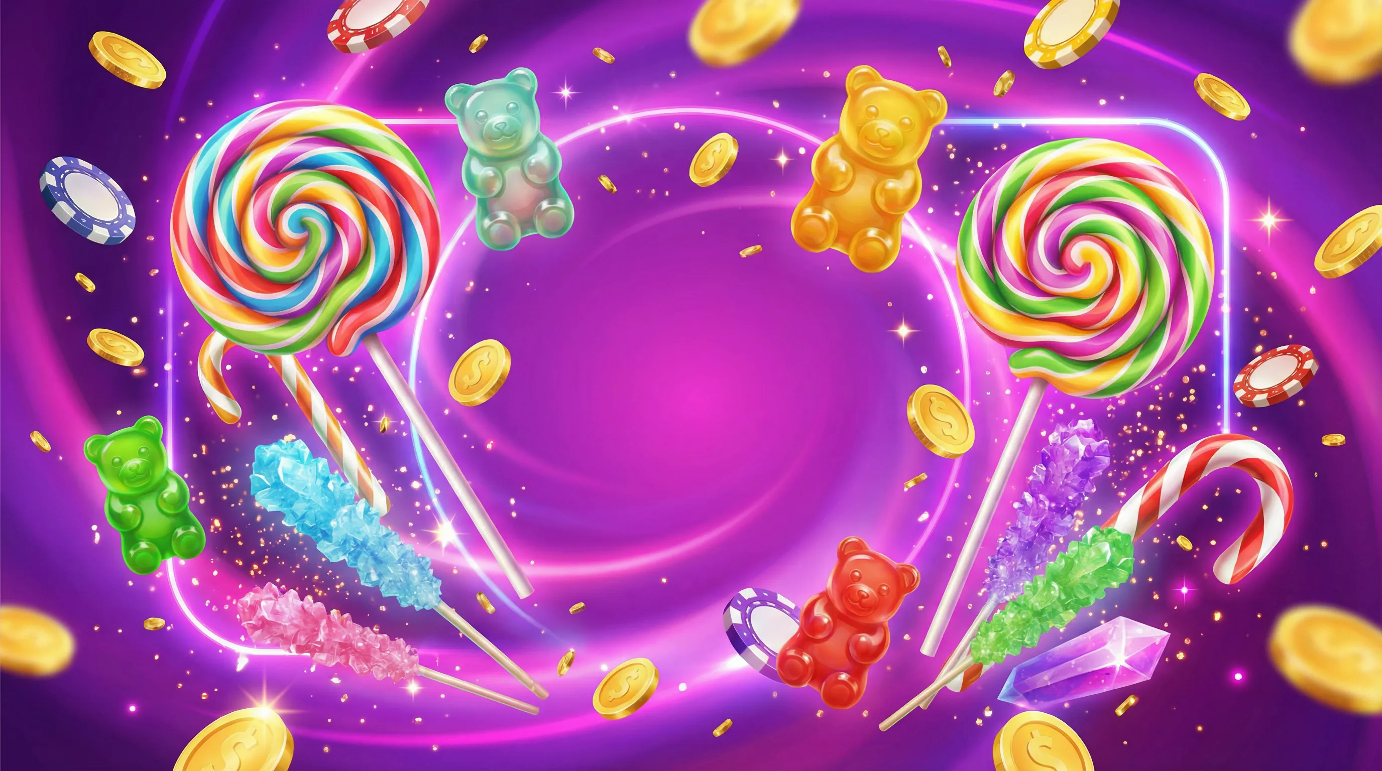win23 cassino online banner promocional com doces e moedas douradas